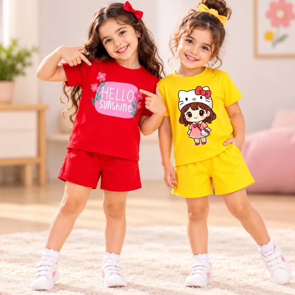 Hello_Sunshine_&_Kitty_Girl_|_Red_&_Yellow_Cotton_Co-ord_Set_Combo_for_Girls_(Pack_of_2)