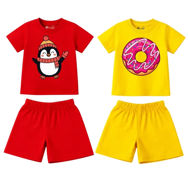 Pom_Hat_Penguin_&_Sprinkle_Donut_|_Red_&_Yellow_Cotton_Co-ord_Set_Combo_for_Boys_(Pack_of_2)