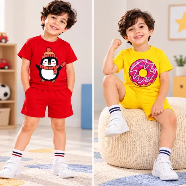 Pom_Hat_Penguin_&_Sprinkle_Donut_|_Red_&_Yellow_Cotton_Co-ord_Set_Combo_for_Boys_(Pack_of_2)