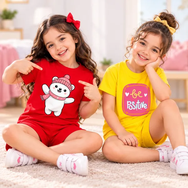 Pink_Hat_Polar_Bear_&_Be_Positive_|_Red_&_Yellow_Cotton_Co-ord_Set_Combo_for_Girls_(Pack_of_2)