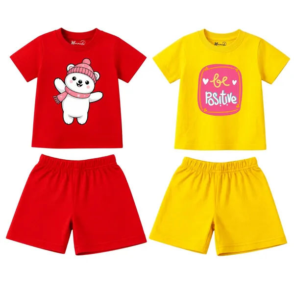 Pink_Hat_Polar_Bear_&_Be_Positive_|_Red_&_Yellow_Cotton_Co-ord_Set_Combo_for_Girls_(Pack_of_2)