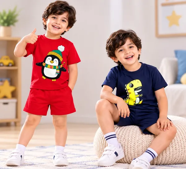 Candy_Cane_Penguin_&_Roaring_T-Rex_|_Red_&_Deep_Blue_Cotton_Co-ord_Set_Combo_for_Boys_(Pack_of_2)