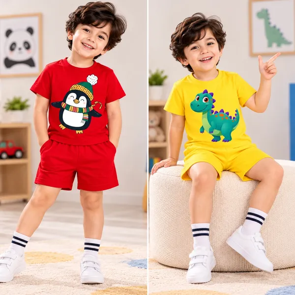 Candy_Cane_Penguin_&_Spiky_Dino_|_Red_&_Yellow_Cotton_Co-ord_Set_Combo_for_Boys_(Pack_of_2)