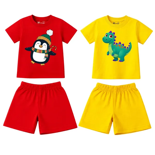 Candy_Cane_Penguin_&_Spiky_Dino_|_Red_&_Yellow_Cotton_Co-ord_Set_Combo_for_Boys_(Pack_of_2)