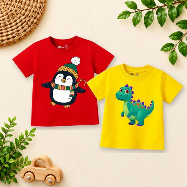Candy_Cane_Penguin_&_Spiky_Dino_|_Red_&_Yellow_Cotton_Co-ord_Set_Combo_for_Boys_(Pack_of_2)