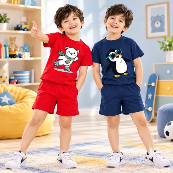 Skating_Polar_Bear_&_Cool_Penguin_|_Red_&_Deep_Blue_Cotton_Co-ord_Set_Combo_for_Boys_(Pack_of_2)