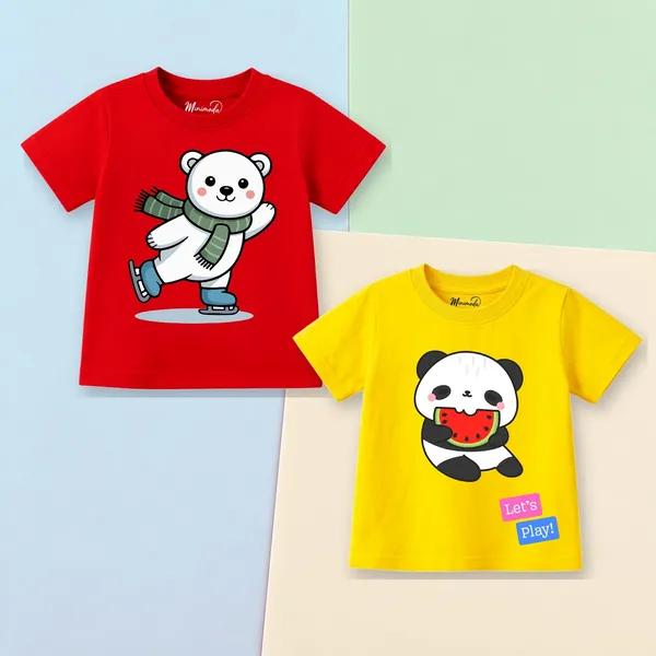 Skating_Polar_Bear_&_Watermelon_Panda_Let's_Play_|_Red_&_Yellow_Cotton_T-Shirt_Combo_for_Boys_&_Girls_(Pack_of_2)
