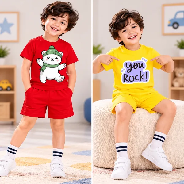 Green_Hat_Polar_Bear_&_You_Rock_|_Red_&_Yellow_Cotton_Co-ord_Set_Combo_for_Boys_(Pack_of_2)