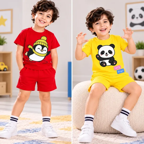Skating_Penguin_&_Sitting_Panda_Let's_Play_|_Red_&_Yellow_Cotton_Co-ord_Set_Combo_for_Boys_(Pack_of_2)