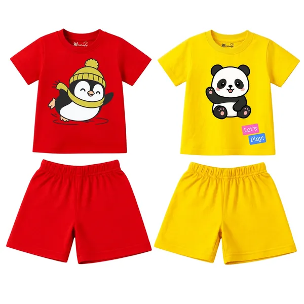 Skating_Penguin_&_Sitting_Panda_Let's_Play_|_Red_&_Yellow_Cotton_Co-ord_Set_Combo_for_Boys_(Pack_of_2)