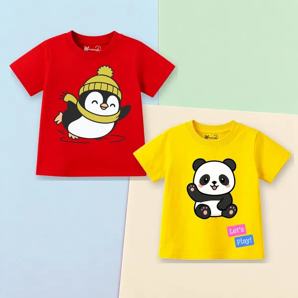 Skating_Penguin_&_Sitting_Panda_Let's_Play_|_Red_&_Yellow_Cotton_T-Shirt_Combo_for_Boys_&_Girls_(Pack_of_2)