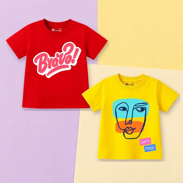 Bravo_Script_&_Abstract_Face_Let's_Play_|_Red_&_Yellow_Cotton_T-Shirt_Combo_for_Girls_(Pack_of_2)