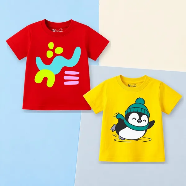Abstract_Blobs_&_Teal_Beanie_Penguin_|_Red_&_Yellow_Cotton_T-Shirt_Combo_for_Boys_&_Girls_(Pack_of_2)