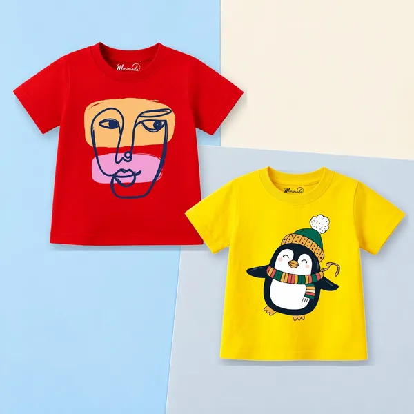 Abstract_Face_&_Candy_Cane_Penguin_|_Red_&_Yellow_Cotton_T-Shirt_Combo_for_Boys_&_Girls_(Pack_of_2)