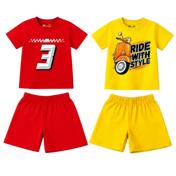Race_Number_3_&_Ride_With_Style_Scooter_|_Red_&_Yellow_Cotton_Co-ord_Set_Combo_for_Boys_(Pack_of_2)