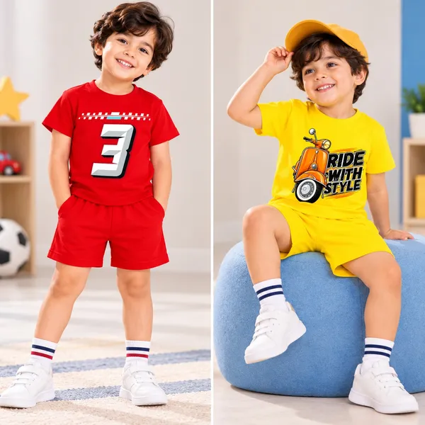 Race_Number_3_&_Ride_With_Style_Scooter_|_Red_&_Yellow_Cotton_Co-ord_Set_Combo_for_Boys_(Pack_of_2)