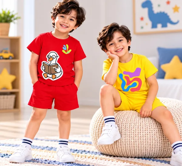 Reading_Duck_&_Abstract_Squiggle_Cool_Tone_|_Red_&_Yellow_Cotton_Co-ord_Set_Combo_for_Boys_(Pack_of_2)