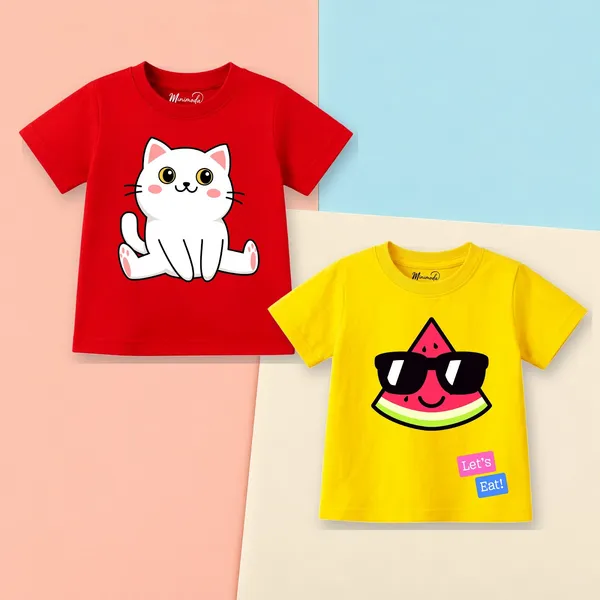 White_Kitty_&_Watermelon_In_Shades_|_Red_&_Yellow_Cotton_T-Shirt_Combo_for_Boys_&_Girls_(Pack_of_2)