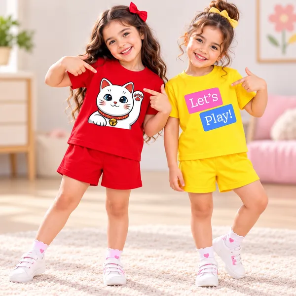 Lucky_Cat_&_Let's_Play_Pink_|_Red_&_Yellow_Cotton_Co-ord_Set_Combo_for_Girls_(Pack_of_2)