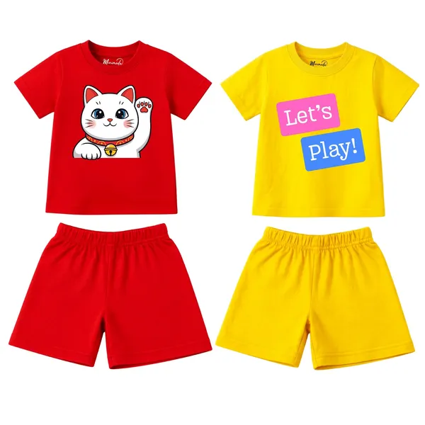 Lucky_Cat_&_Let's_Play_Pink_|_Red_&_Yellow_Cotton_Co-ord_Set_Combo_for_Girls_(Pack_of_2)