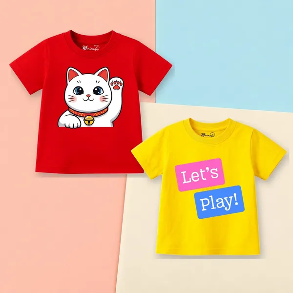 Lucky_Cat_&_Let's_Play_Pink_|_Red_&_Yellow_Cotton_Co-ord_Set_Combo_for_Girls_(Pack_of_2)