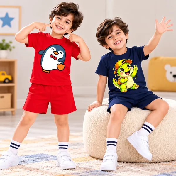 Dapper_Penguin_&_School_Dino_|_Red_&_Deep_Blue_Co-ord_Set_Combo_(Pack_of_2)