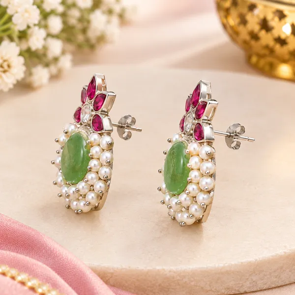 Elegant_Green_Jade_&_Pink_Floral_Pearl_Stud_Earrings