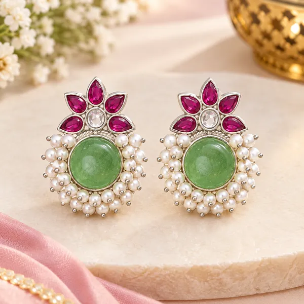 Elegant_Green_Jade_&_Pink_Floral_Pearl_Stud_Earrings