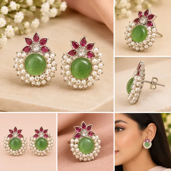Elegant_Green_Jade_&_Pink_Floral_Pearl_Stud_Earrings