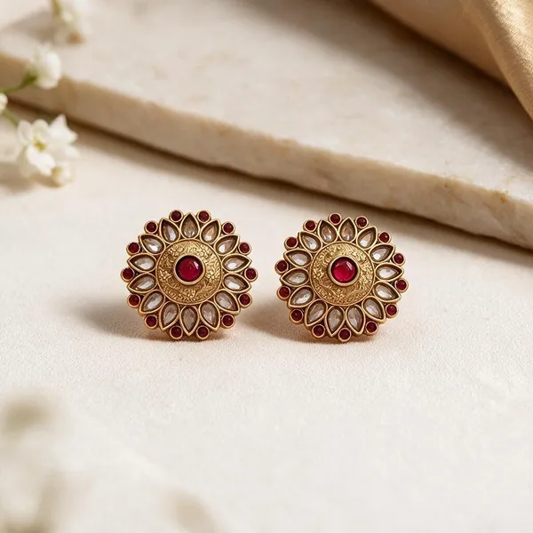 Gold_Red_Brass_Floral_Stud_Earrings_For_Women