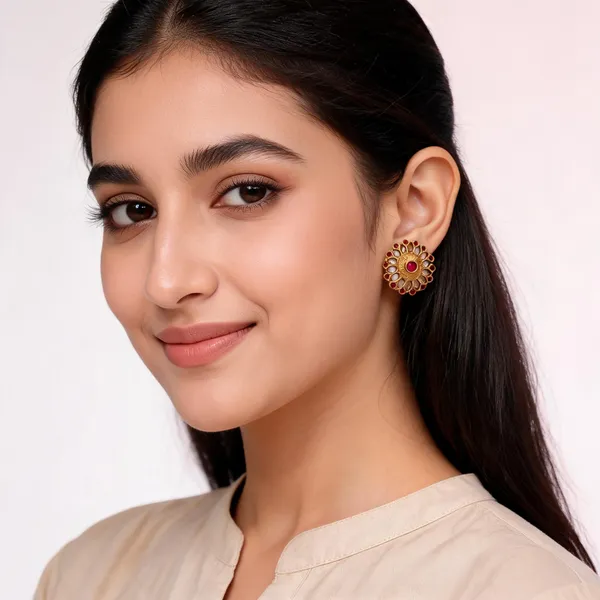 Gold_Red_Brass_Floral_Stud_Earrings_For_Women