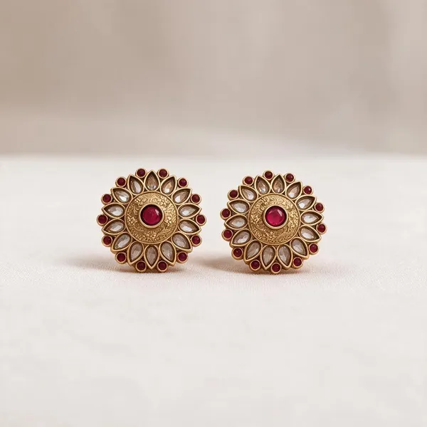 Gold_Red_Brass_Floral_Stud_Earrings_For_Women