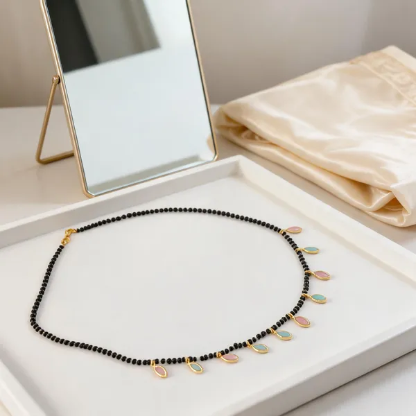 Gold_Brass_Black_Beaded_Leaf_Charm_Necklace_Chain_For_Women