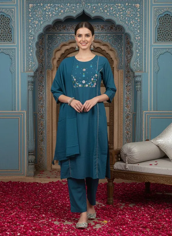 Teal_Embroidered_Straight_Kurta_Set_For_Women