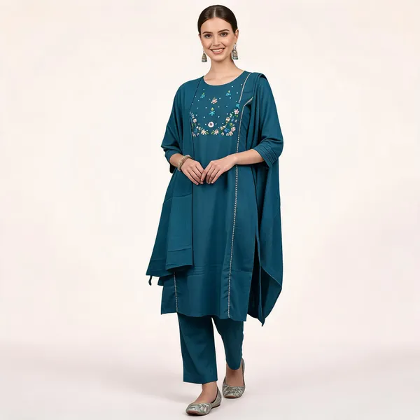 Teal_Embroidered_Straight_Kurta_Set_For_Women