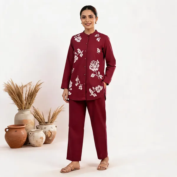 Maroon_Floral_Print_Straight_Kurta_Set_for_Women