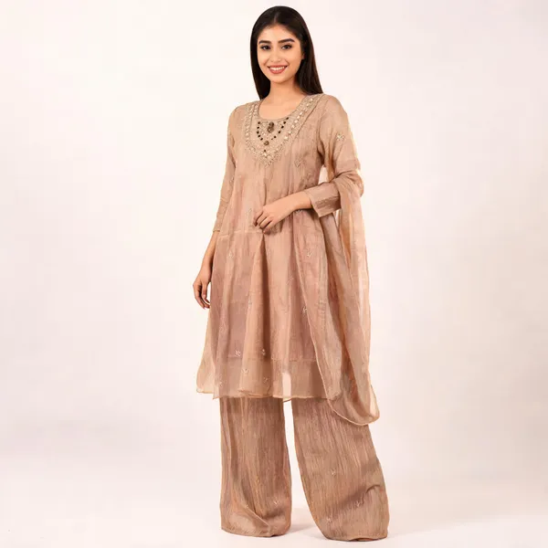 Beige_Textured_Anarkali_Suit_Set_For_Women