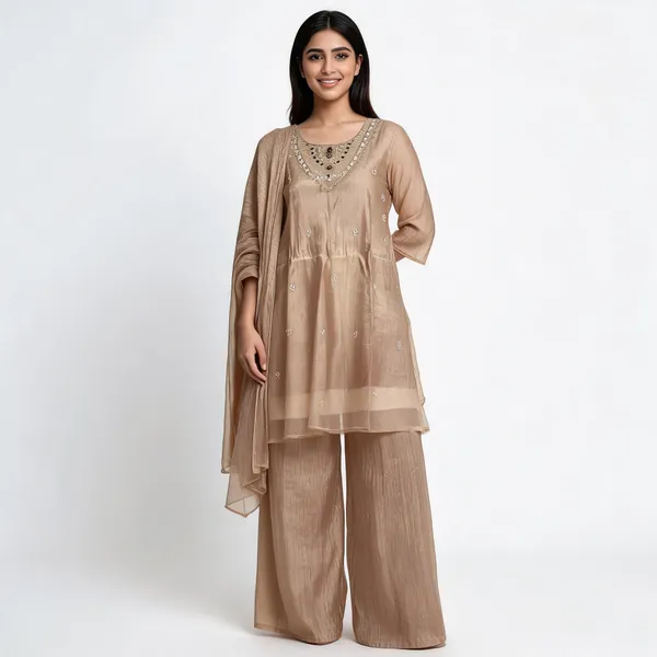 Beige_Textured_Anarkali_Suit_Set_For_Women
