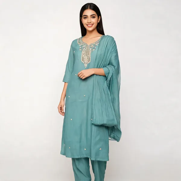 Teal_Embroidered_Straight_Kurta_Set_For_Women