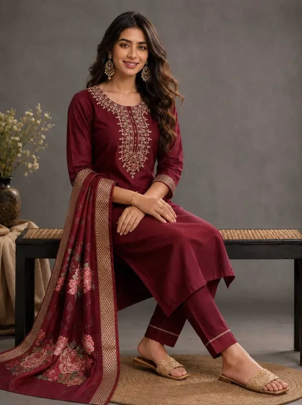 Maroon_Rayon_Embroidered_Kurta_Set_For_Women