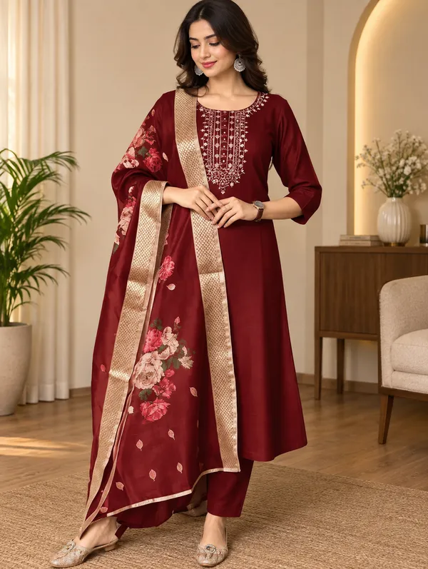 Maroon_Rayon_Straight_Fit_Kurta_Set_For_Women