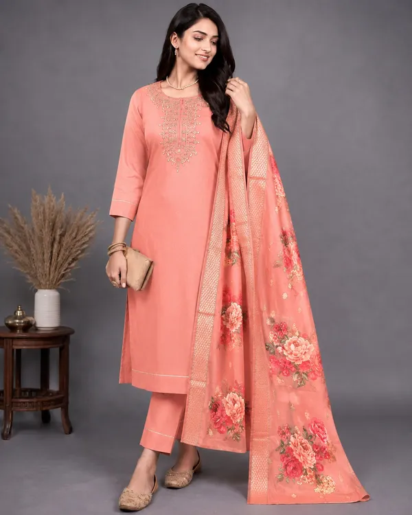 Peach_Rayon_Embroidered_Straight_Kurta_Set_For_Women
