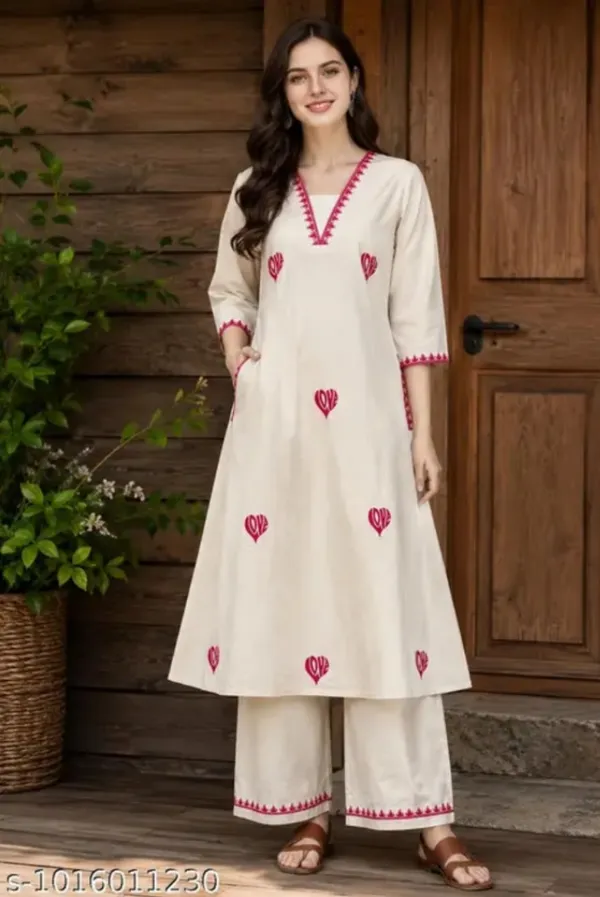 Cream_Rayon_A-Line_Embroidered_Kurta_Set_For_Women