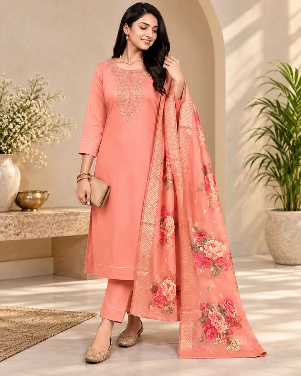 Peach_Rayon_Embroidered_Straight_Kurta_Set_For_Women