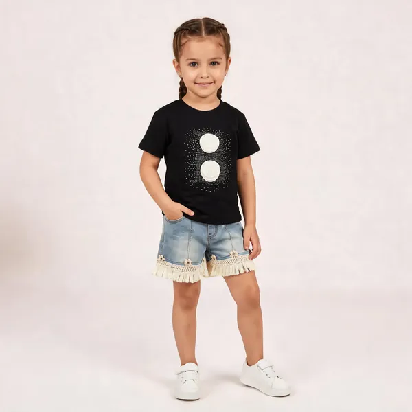 Black_Casual_T-Shirt_And_Denim_Shorts_Set_For_Girls