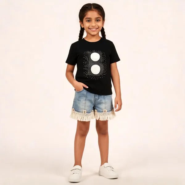 Black_Casual_T-Shirt_And_Denim_Shorts_Set_For_Girls