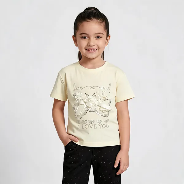 Cream_Printed_T-Shirt_And_Black_Wide_Leg_Pants_Set_For_Girls