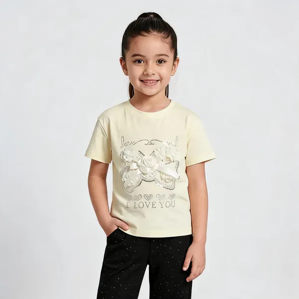 Cream_Printed_T-Shirt_And_Black_Wide_Leg_Pants_Set_For_Girls