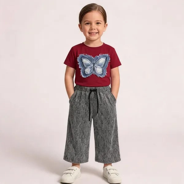 Maroon_Butterfly_Print_T-Shirt_And_Grey_Wide_Leg_Pants_Set_For_Girls