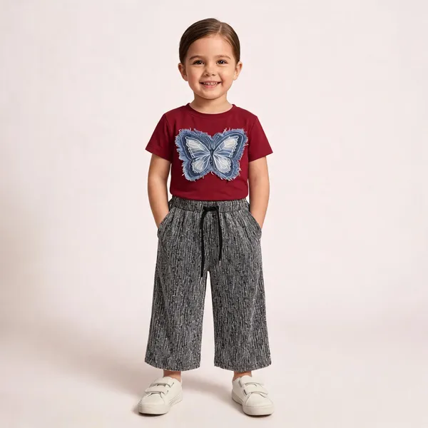 Maroon_Butterfly_Print_T-Shirt_And_Grey_Wide_Leg_Pants_Set_For_Girls